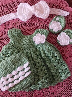 Crochet Baby Girl Sage and White Heirloom Dress Set Photo Prop